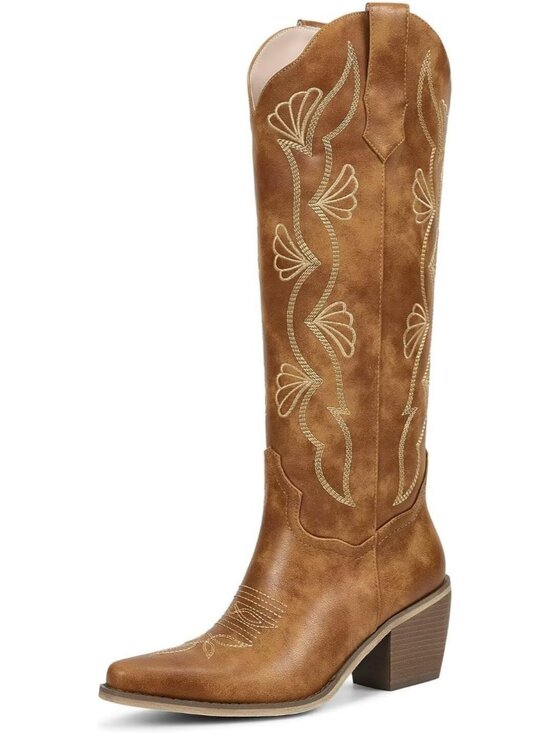 Shoes - Women's Brown Faux Leather Pull On Embroidered Cowgirl Cowboy Knee High Boot